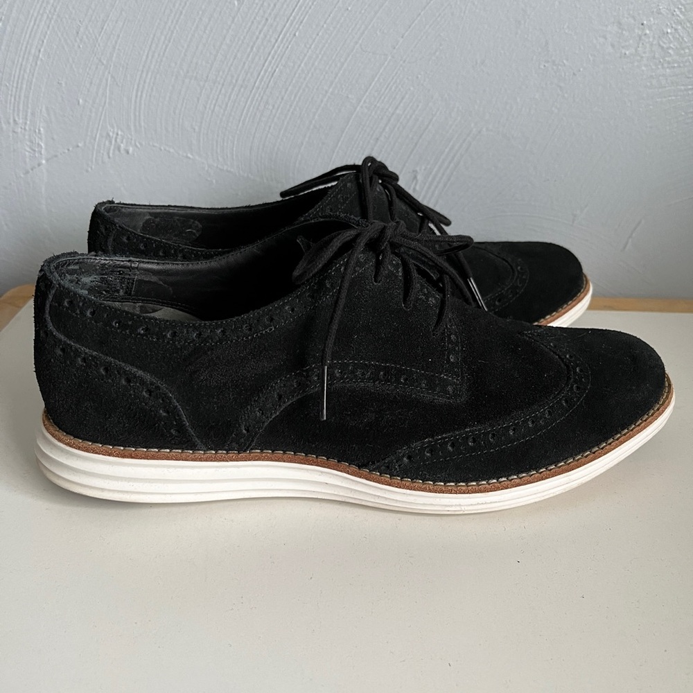 Cole Haan LunarGrand Black Suede Wingtip Brogue Oxford Lace Up Leather 8B EUC